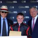 George Waud (left) with Tom Marquand and William Haggas at Lingfield