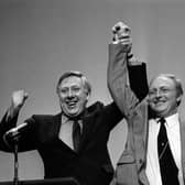 Roy Hattersley (left) with Neil Kinnock celebrating on stage