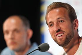 Harry Kane, right, at an England press conference with Thomas Tuchel