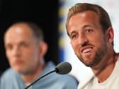 Harry Kane, right, at an England press conference with Thomas Tuchel