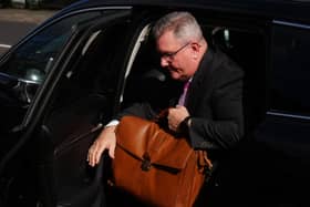 Sir Jeffrey Donaldson arriving at Newry Crown Court