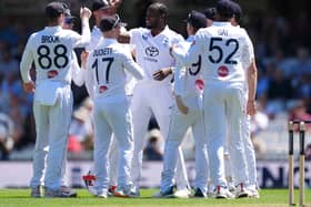 England's Jofra Archer celebrates taking a wicket on day one at The Oval