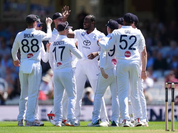 England's Jofra Archer celebrates taking a wicket on day one at The Oval