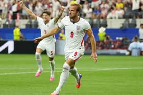 Harry Kane celebrates heading England back in front during the 4-2 victory against Croatia