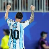 Argentina’s Lionel Messi reacts after scoring his third goal during the World Cup Group J win over Algeria