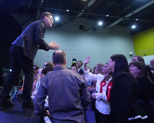 Andy Burnham gives a speech after being declared the winner of the Makerfield by-election