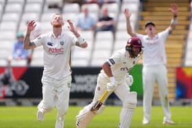 Durham’s Ben Stokes reacts on day one of the Rothesay County Championship match against Northamptonshire