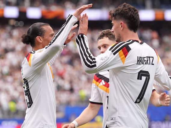 Germany’s Leroy Sane and Kai Havertz celebrate a goal against Curacao at the World Cup