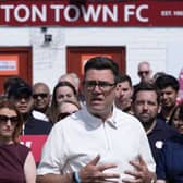 Andy Burnham at Ashton Town FC in Ashton-in-Makerfield, making a speech in front of supporters after winning the Makerfield by-election