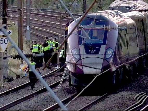 Damaged train on rail tracks