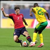 Ladislav Krejci of Czechia competes for the ball against Kamogelo Sebelebele of South Africa during the FIFA World Cup 2026 Group A match between Czechia and South Africa at Atlanta Stadium on June 18, 2026 in Atlanta, Georgia. (Photo by Alex Slitz/Getty Images)