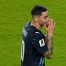 Paraguay’s Miguel Almiron reacts after being sent off (Jeff Chiu/AP)