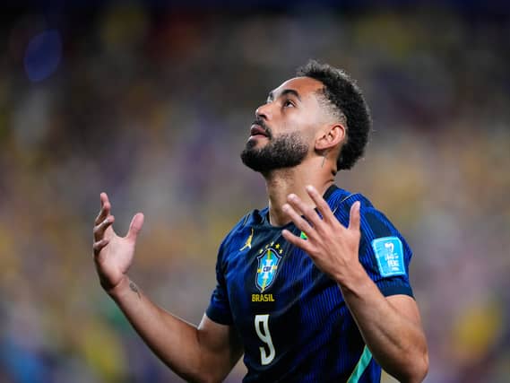 Matheus Cunha celebrates after scoring Brazil’s opening goal (Petr David Josek/AP)