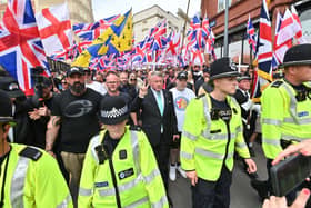  Paul Golding in the green tie at a Britain First protest in Birmingham this year