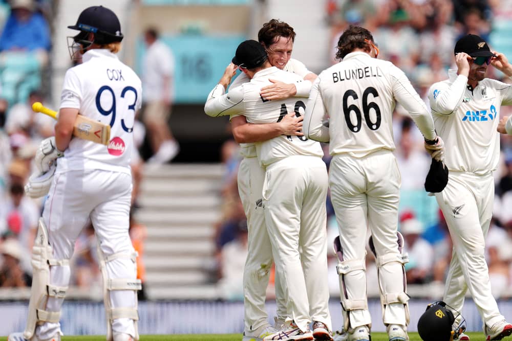 New Zealand’s Matt Henry celebrates taking the wicket of England’s Jordan Cox