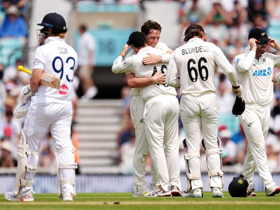 New Zealand’s Matt Henry celebrates taking the wicket of England’s Jordan Cox