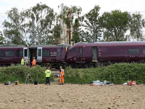 The scene just south of the Elstow interchange between the A421 and the A6 in Bedford South after two East Midlands Railway trains were involved in a collision