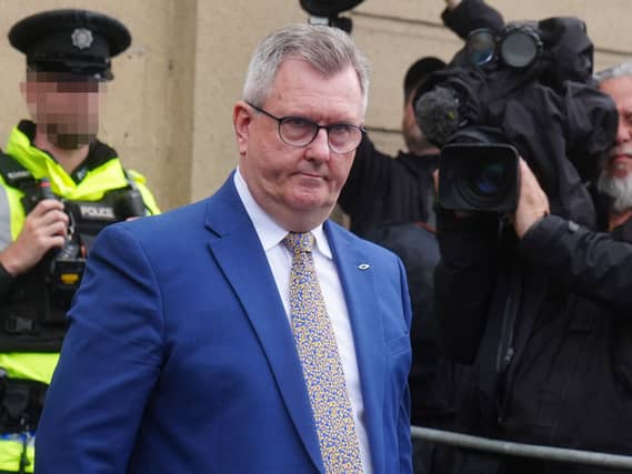 Sir Jeffrey Donaldson leaving Newry Crown Court