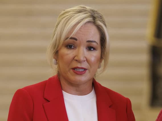 Sinn Fein vice president and Stormont First Minister Michelle O’Neill speaking during a press conference in The Great Hall of Parliament Buildings at Stormont, Belfast