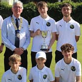 Famous fourth – Mid Shropshire’s A team with the trophy: Back, from left: Spencer Clarke (selector), Andy Jones, Jordon Millman, Ben Cutler, Mike Potter (league president). Front: Thomas Clarke, Harris Needham, Salvatori Farruggio