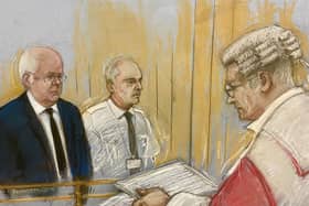 Court artist drawing of Peter Murrell (left) appearing before Lord Young (right) at Edinburgh High Court