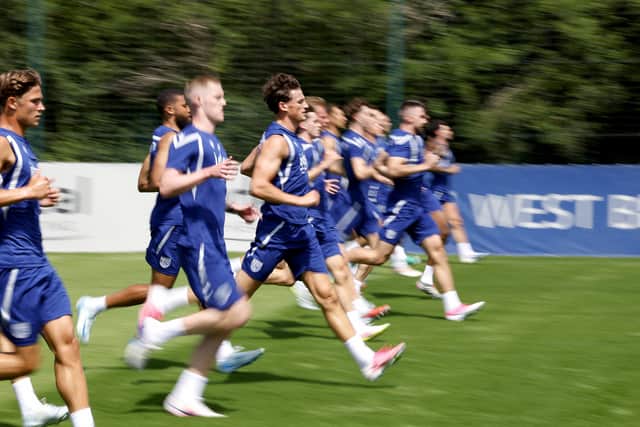 Barney Stewart, centre, working hard during Albion’s pre-season. (Photo by Adam Fradgley/West Bromwich Albion FC via Getty Images)