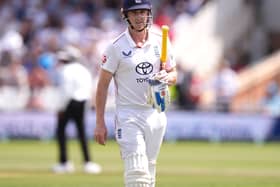 Harry Brook leaves the field after his dismissal