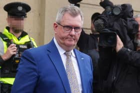 Sir Jeffrey Donaldson leaving Newry Crown Court