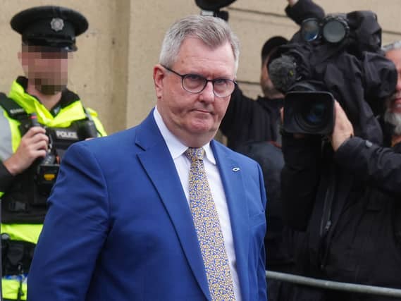 Sir Jeffrey Donaldson leaving Newry Crown Court