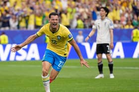 Brazil’s Gabriel Martinelli celebrates his winning goal against Japan