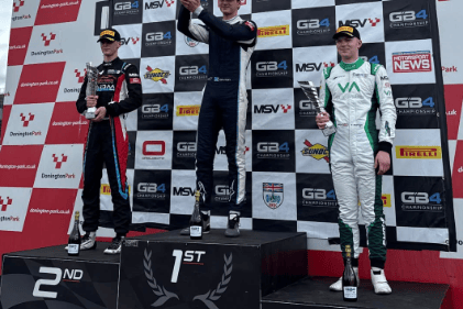 Torrin Byrne (far right) on the podium at Donington Park. Pic: GB4 Championship