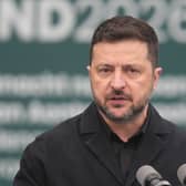 Head and shoulders photo of Volodymyr Zelensky speaking
