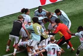 Youri Tielemans celebrates with teammates