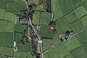 Satellite graphic showing the site site where a couple more tourism accommodation units could be built in Pant-y-Dŵr near Rhayader. UK Grid Reference Finder