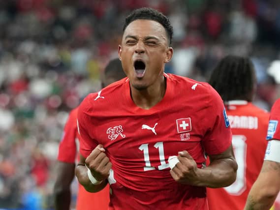 Switzerland’s Dan Ndoye celebrates after scoring his side’s second goal (Abbie Parr/AP)