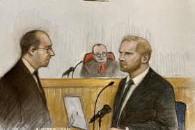 Court artist sketch of the Duke of Sussex being questioned by Antony White KC