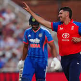 England’s Josh Tongue celebrates the wicket of India’s Shivam Dube