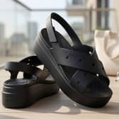 The Crocs Brooklyn Cross Sandals are available in black and discounted by more than half, with sizes ranging from 3 to 9