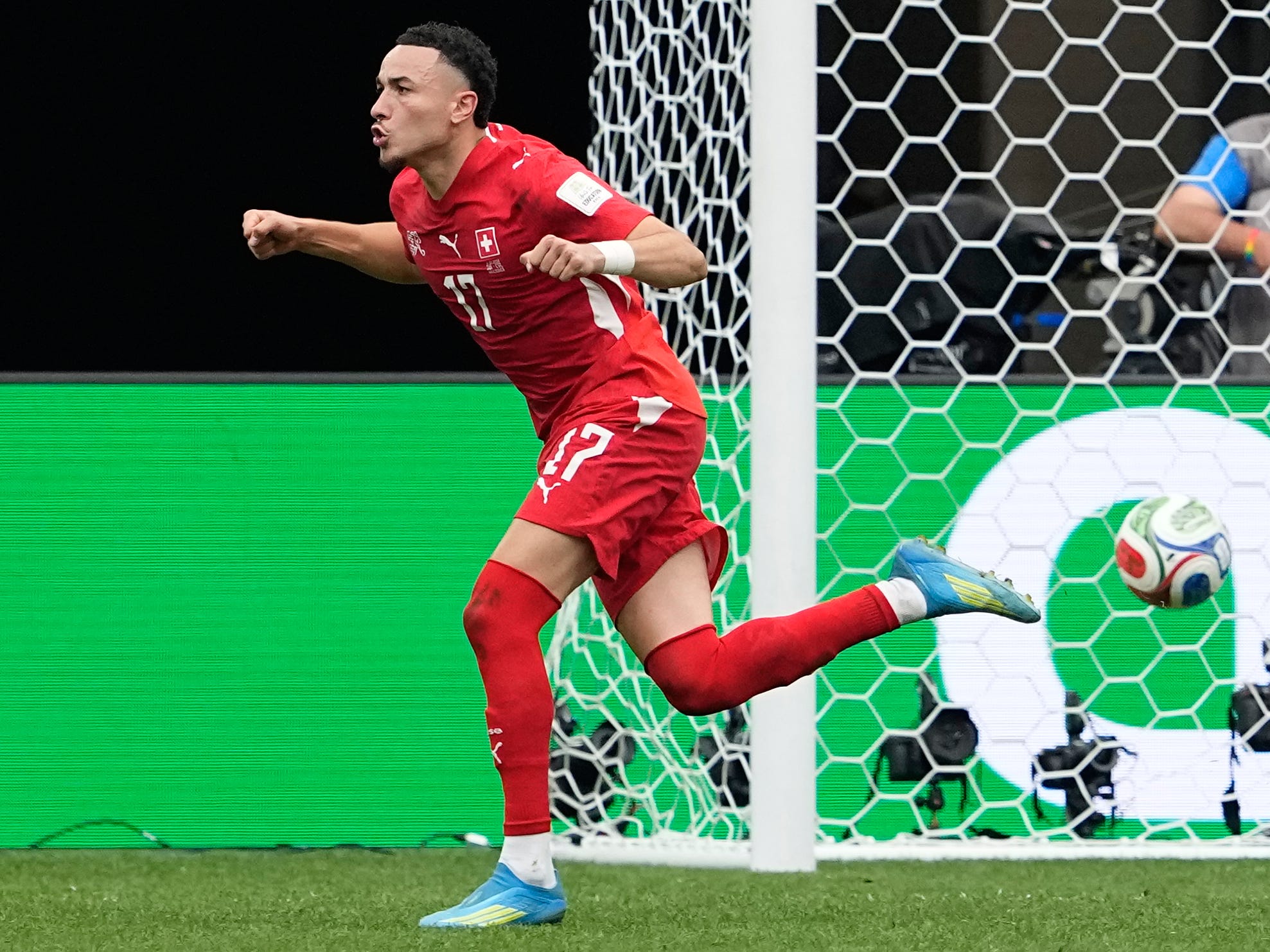 Switzerland’s Ruben Vargas reacts after scoring the winning penalty against Colombia