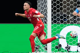 Switzerland’s Ruben Vargas reacts after scoring the winning penalty against Colombia