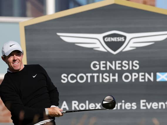 Rory McIlroy tees off the 12th during a practice day ahead of the 2026 Scottish Open