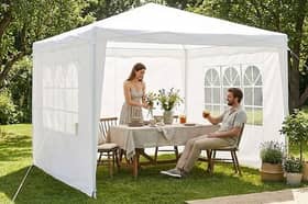 The 3m waterproof gazebo includes detachable sides and is designed to add shade and shelter for garden parties, buffets and outdoor seating