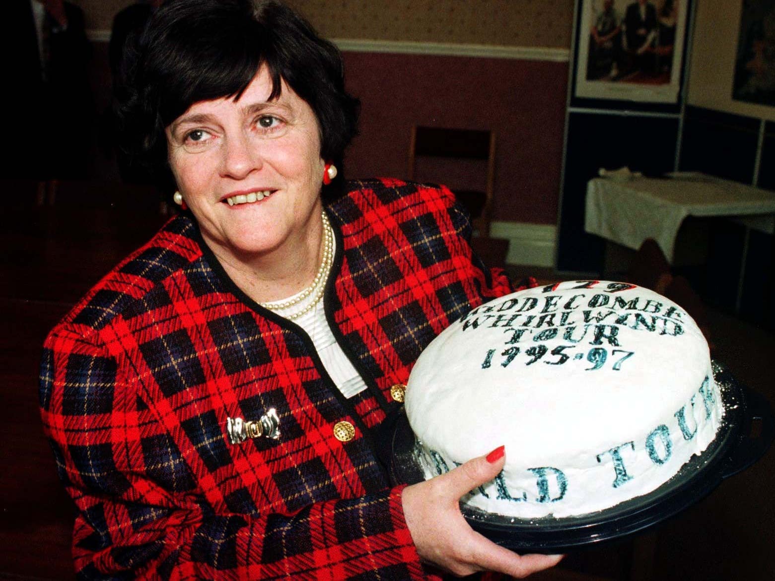 Then prisons minister Ann Widdecombe celebrates her 129th and final prison visit in 1997 with a cake made by young offenders at Spring Hill open prison, Buckinghamshire