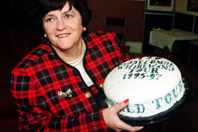 Then prisons minister Ann Widdecombe celebrates her 129th and final prison visit in 1997 with a cake made by young offenders at Spring Hill open prison, Buckinghamshire