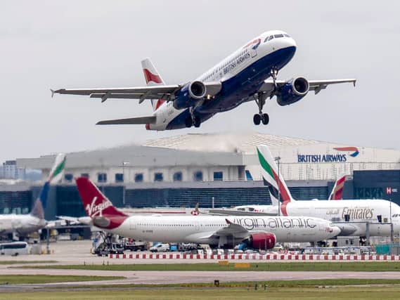 A British Airways plane taking off from London Heathrow Airport
