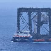 A drone photo showing the successful capture of the returned first stage of Long March-10B carrier rocket on a seaborne platform via a net-capture system near Wenchang in southern China’s Hainan province