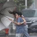 People struggle with an umbrella