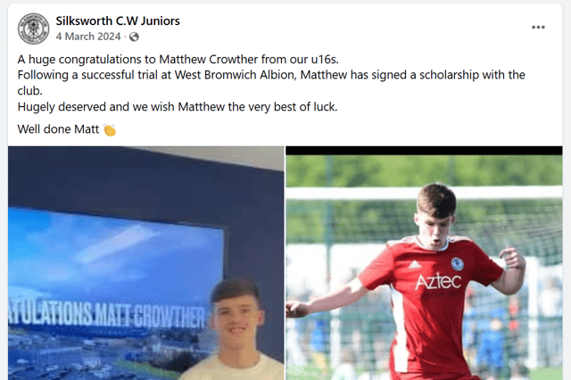 Albion's Matty Crowther moved from Sunderland amateur grassroots side Silksworth CW Juniors to the Baggies in the 2023/24 season.