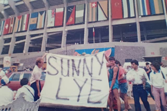 The group pose outside the Azteca Stadium in Mexico City on the day of the 1986 quarter-final against Argentina