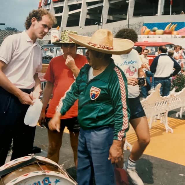 Paul Tibbetts chats with a local outside the Azteca ahead of the Quarter-final